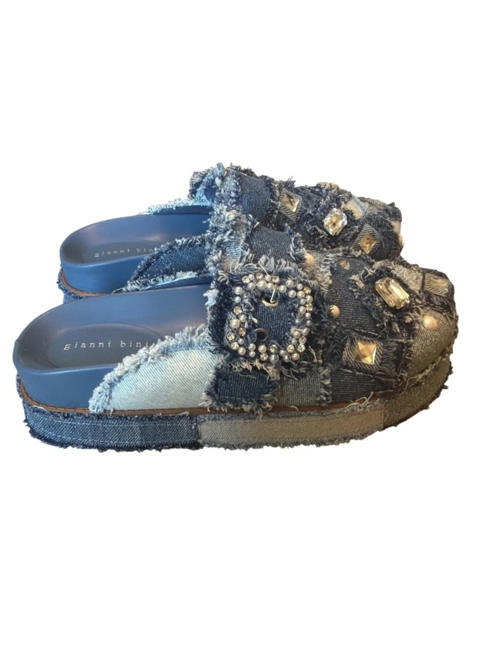 Gianni Bini Embellished Denim Patchwork Platform Mules Rhinestone Pearl 8.5 - Picture 2 of 8